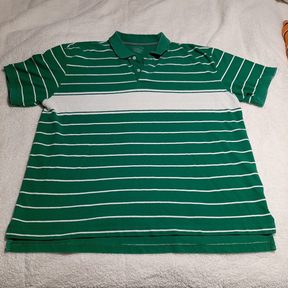 St John's Bay Mens Cotton Polo Shirt XXL Green White Stripes Short Sleeves